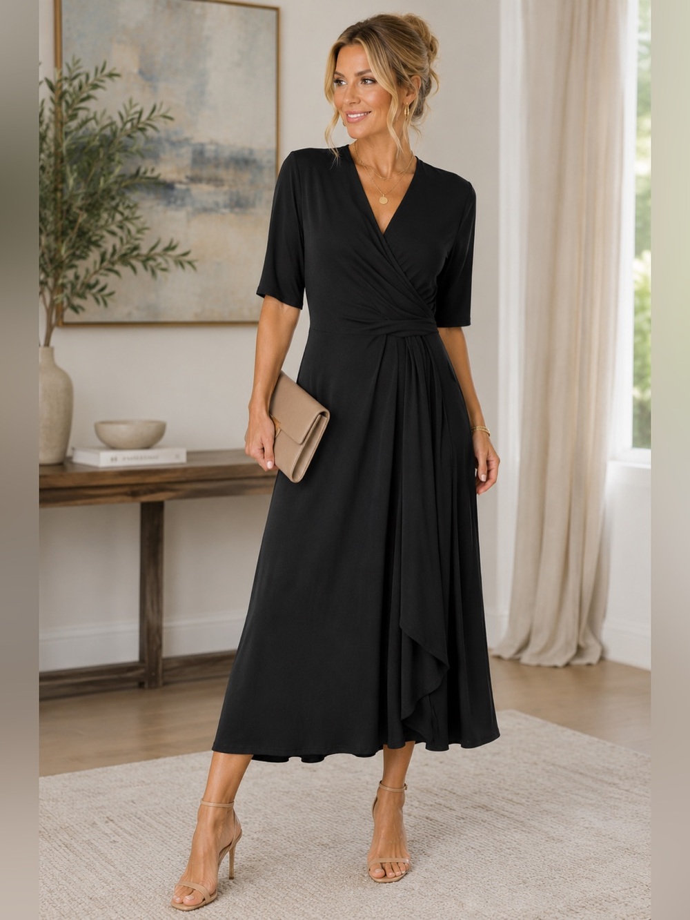 NWT Investments Soft Separates Black Faux Wrap Midi Dress S | Little Black Dress